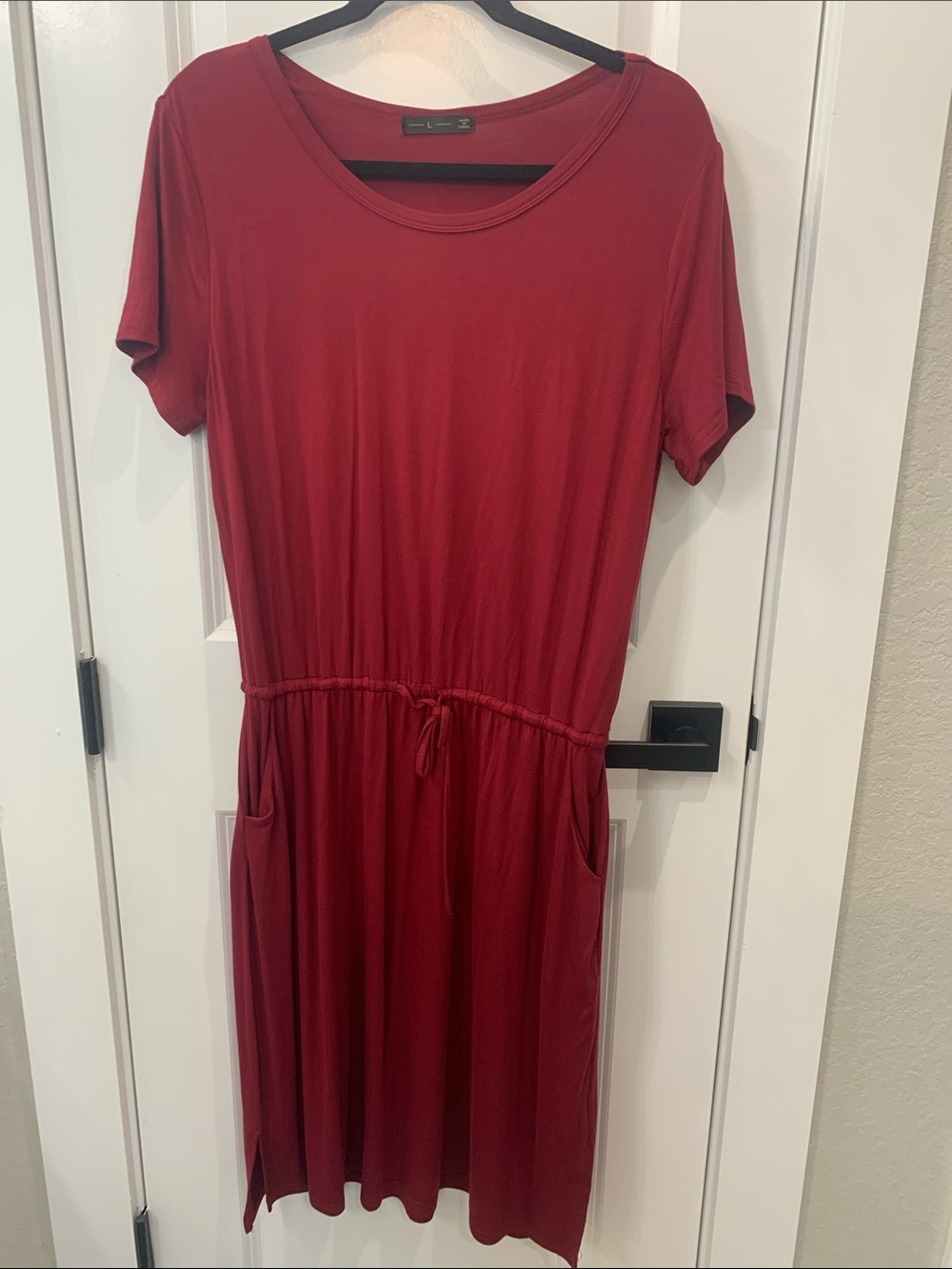Everyday Scoop Neck Drawstring Waist Dress - Wine Red